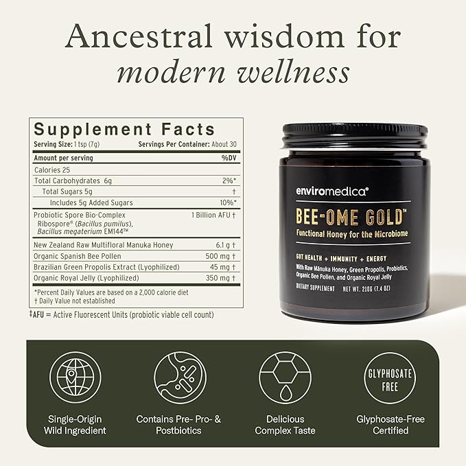 Bee-Ome Gold by Enviromedica - Unpasteurized Raw Manuka Honey with Probiotics, Royal Jelly, Bee Pollen & Propolis, Functional Superfood Honey, 7.4oz