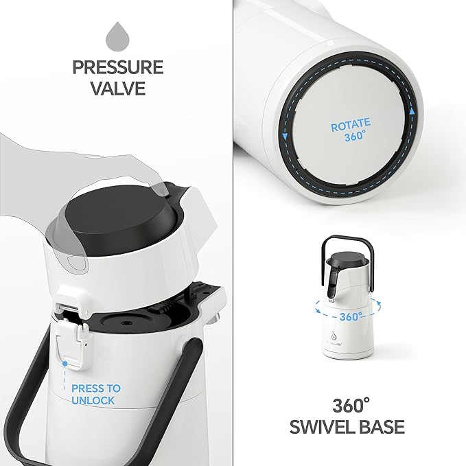 IDEUS Thermal Coffee Carafe 74oz (2,200ml), Stainless Steel Double Wall Insulated Vacuum Flask, Water Jug Coffee Server and Beverage Dispenser, Heat and Cold Retention (White, 74oz (2,200ml))