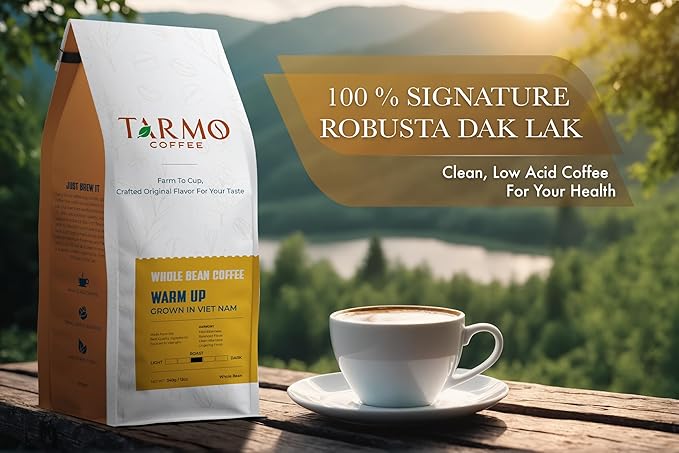 TARMO - WARM UP | Low Acid 100% ROBUSTA Whole Bean Coffee | Specialty Vietnamese Coffee | Single Origin Medium Roast Coffee Beans | 35.5 Oz Bag