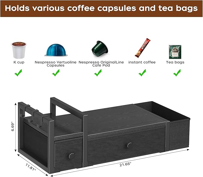 Homeiju Coffee Pod Drawers - K Cup Organizer, Nespresso Pods Holder with Mug Rack, Coffee Holder for Countertop, 52 Capacity Pods, Suitable for Kitchens, Offices and Coffee Bars(Black)