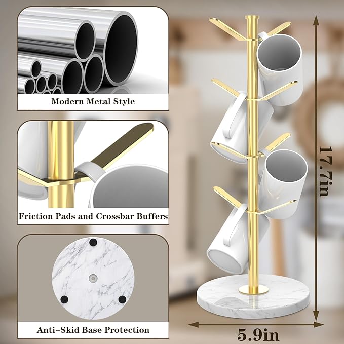 Marble Mug Holder Tree with 8 Hooks, Stainless Steel Coffee Cup Holder, Non-Slip Silicone Pads, Heavy Duty Marble Base, Countertop Organizer for Kitchen & Cafe, Gold