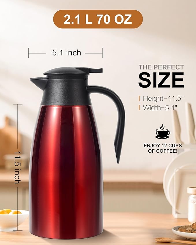 70oz Thermal Coffee Carafe, Updated Insulated Stainless Steel Coffee Carafes for Keeping Hot Coffee & Tea Hot Beverage-12Hours, Double Walled Vacuum Coffee Carafe
