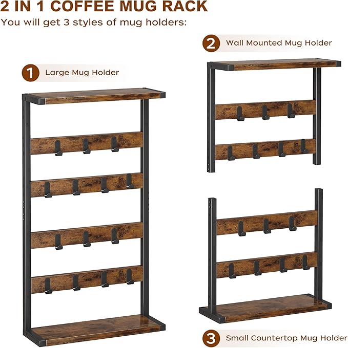 Homeiju 14-Hook Large Coffee Mug Holder for Countertop/Wall Mounted,4 Tier Coffee Cup Holder with Top & Bottom Storage Shelf,Adjustable Hook & Shelves,Mug Tree for Home Bar,Coffee Station