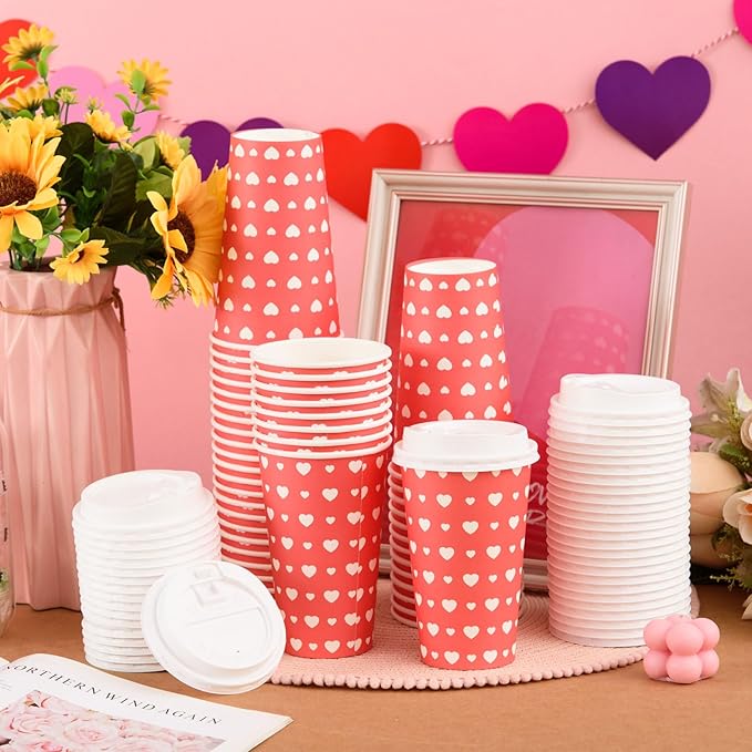 FOBSME 50 Pcs Valentine Disposable Coffee Cups With Lids 16oz Red White Love Heart Paper Cups Valentine Party Drinking Cups for Wedding Anniversary Party Supplies