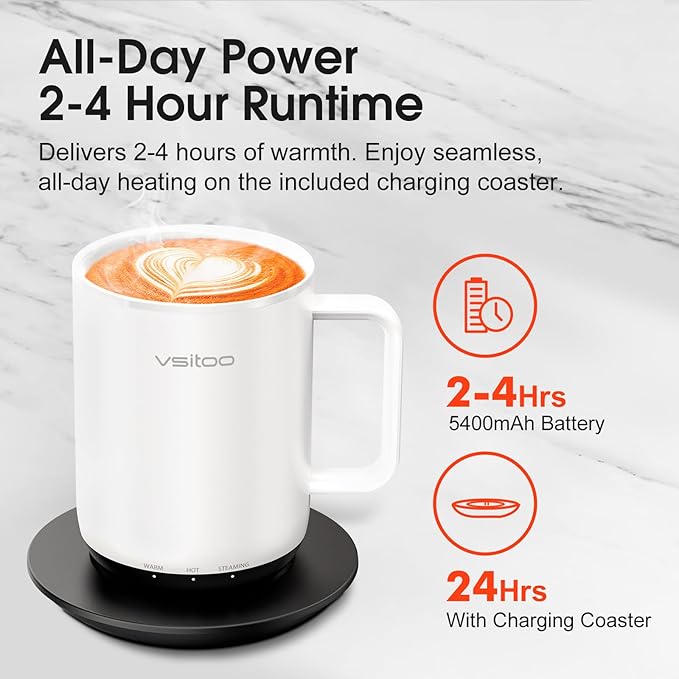 Vsitoo S3 Plus 14oz Heated Coffee Mug - Temperature Control Smart Mug with Mug Warmer, Auto-Sensing AI Heats Drinks to 120-150°F Hands-Free.Ideal for Home/Office/Gifts，White