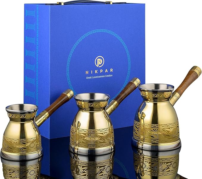 NIKPAR Luxury Greek Coffee Pot Macedonian Collection - Turkish Coffee Pot for Most Type of Stove Top, Arabic Coffee Maker Cezve, Ibrik, Briki with Detachable Handle & Luxury Gift Box (Trio Pack)