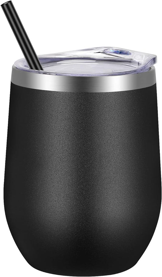 VEGOND 12oz Stainless Steel Wine Tumbler with Lid and Straw, Double Wall Vacuum Insulated Stemless Wine Glass Tumbler Cup, Coffee Mug for Cold Hot Drinks