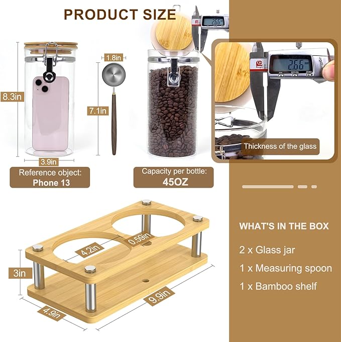 Glass Coffee Grounds Container with Wooden Shelf, 2 × 45 FLOZ Glass Coffee Canister with Sealed Locking Clamp, Kitchen Large Capacity Food Storage Jar with Metal Spoon