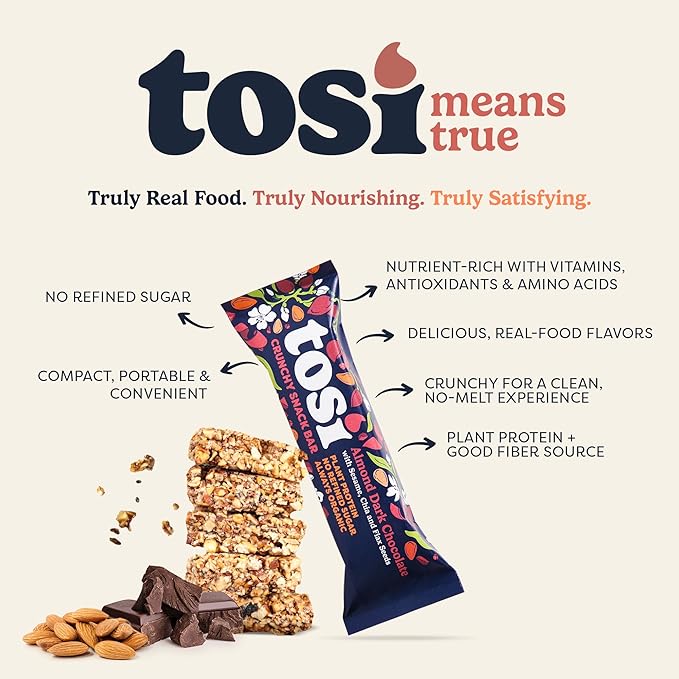 Tosi Nut Bars, Almond Dark Chocolate, Healthy Snacks for Adults & Kids, Plant Based Crunchy Bars (6G Protein), Organic Keto Snacks, Vegan, Gluten & Soy Free, Low Sugar, Omega 3s, 1oz, 12-Pack