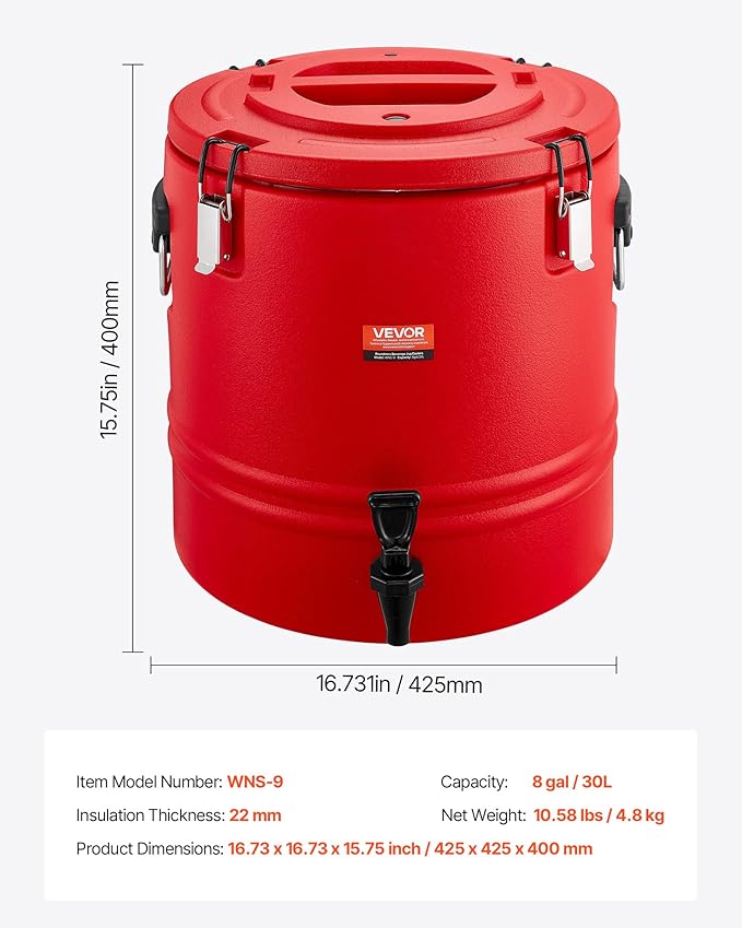 VEVOR Insulated Beverage Dispenser, 8 Gal/30.3L Thermal Hot and Cold Drink Server Dispenser with Spigot, Food-Grade Cooler Jug with 304 Stainless Steel Interior, for Tea Coffee Restaurant Outdoor