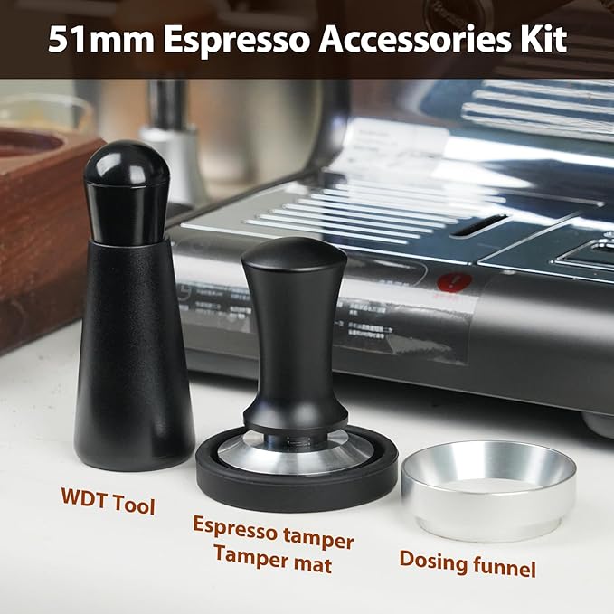 51mm Espresso Accessories Kit, Spring Loaded Calibrated Tamper, WDT Tool, Dosing Funnel, Fits Espresso Coffee Machines and 51 mm Portafilters, Barista Tools