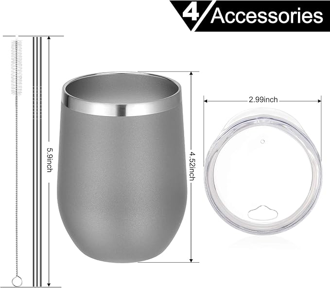 VEGOND 12oz Stainless Steel Wine Tumbler with Lid and Straw, Double Wall Vacuum Insulated Stemless Wine Glass Tumbler Cup, Coffee Mug for Cold Hot Drinks