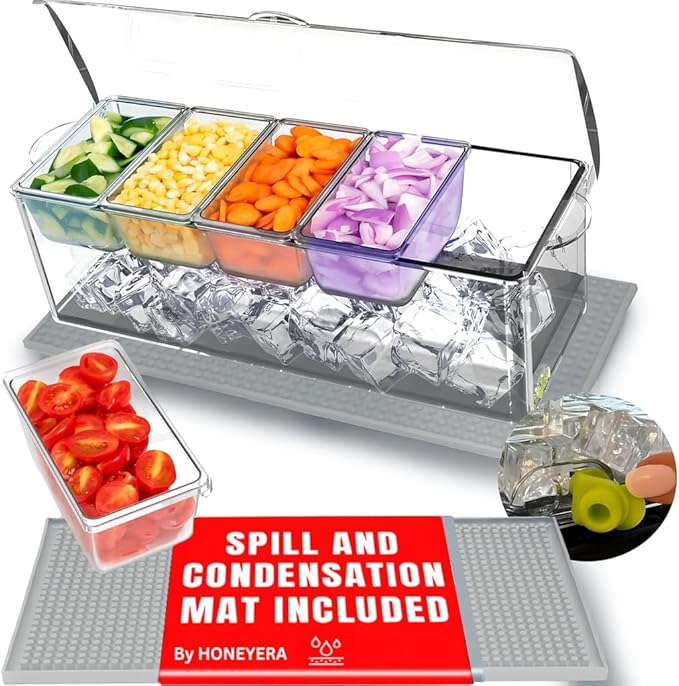 Honeyera Chilled Condiment Server | Hosting Essentials for Up to 80 Oz of Ice | Mimosa Bar Supplies Drain Plug | BPA-Free Taco Bar/Salad Bar | Food-Safe Condiment Caddy (Parent) (Gray, 1 Pack)