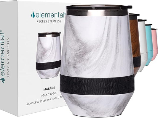 Elemental Recess Wine Tumbler - Triple Wall Insulated Stainless Steel Coffee Mug for Hot & Cold Drinks - Portable Cup with Shatterproof Sip Lid for Camping, Outdoor & Travel - 10oz - White Marble
