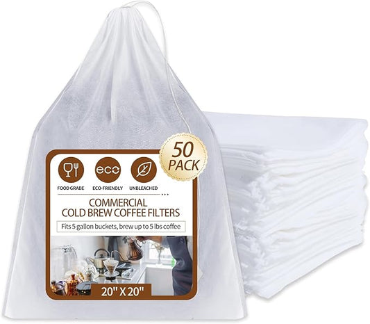 50Pcs Commercial Cold Brew Coffee Filters for 5 Gallon Buckets, 20" X 20" Disposable Coffee Filters with Drawstring for Brew Up To 5 LBS Coffee