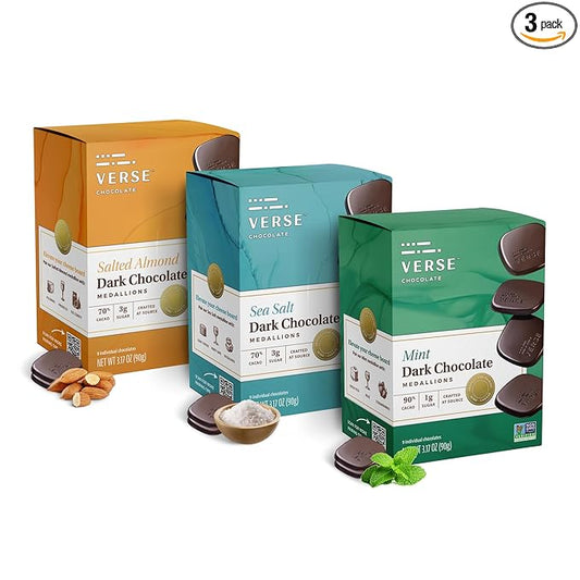 Verse Dark Chocolate Squares Variety Pack - Mint, Sea Salt, Salted Almond w/Low Cane Sugar, High Cacao - Premium Dark Chocolates - Individually Wrapped Chocolate Squares (9 Count, 3 Pack)