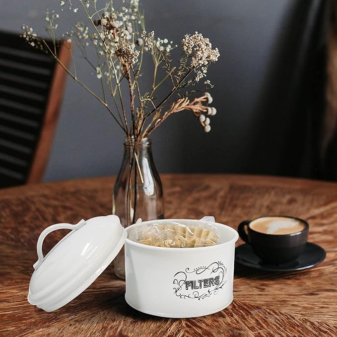 SOTECH Coffee Filter Holder Storage,White Basket Enamel Filter Jar Container in Rustic Farmhouse Distressed Enamelware Design Round for Counter(Metal Coffee Filter Jar)