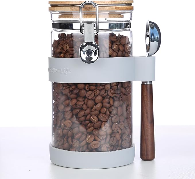 KKC Airtight Coffee Canister, Glass Coffee Bean Storage Contaienr with Silicon Scoop Holder, Non-Slip Silicon Coffee Storage Canister with Spoon for 1 lb Bean,40 Fluid-oz, Gray
