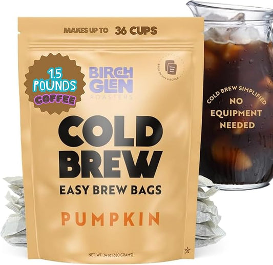 Birch Glen Roasters Cold Brew Coffee Bags - 12 Pack of Coarse Ground Coffee Filter Pitcher Packs for Easy Brewing - 100% Arabica - Yields 6 Pitchers - Pumpkin Flavor