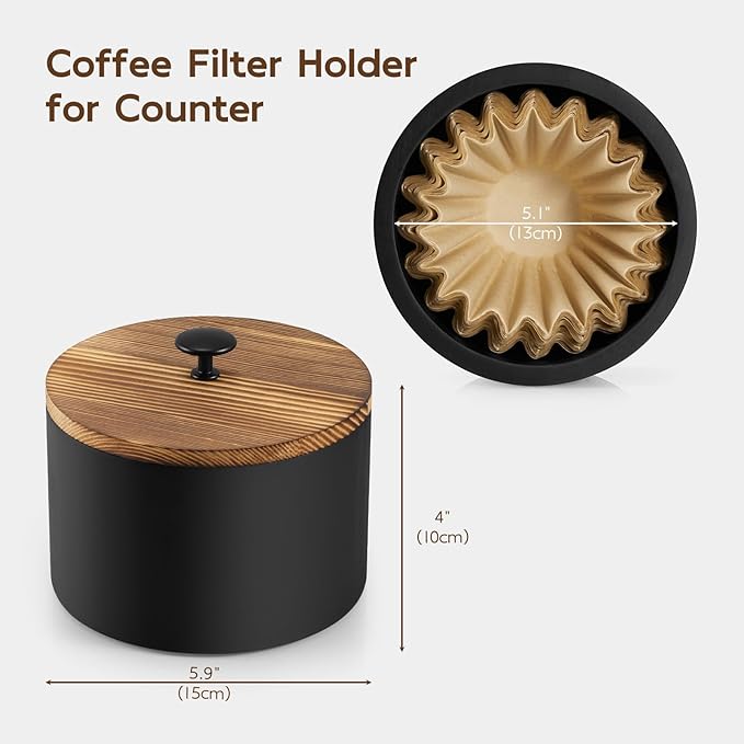 Coffee Filter Holder, Wood Filter Storage Container for Counter, Coffee Bar Accessories for Home Decor, Black