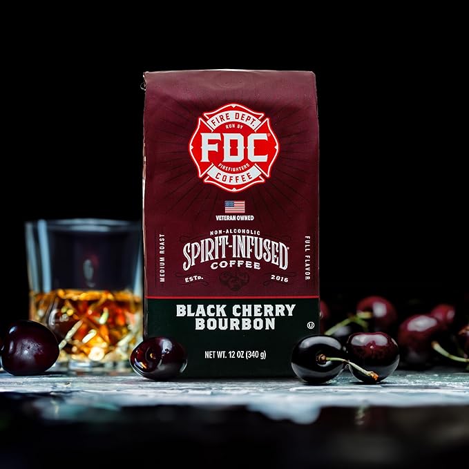 Fire Department Coffee - Black Cherry Bourbon Coffee - Gives Back to Firefighters - Premium Bourbon Infused Ground - Non-Alcoholic - Roasted in the USA - Veteran Owned - 12 oz