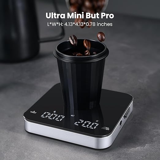 Rechargeable Mini Coffee Scale with Timer, Maestri House Espresso Scale, 2kg/0.1g Accurate Scale for Espresso and Pour-Over Coffee, Portable Digital Kitchen Scale with Automatic Timing（Black&Silver）
