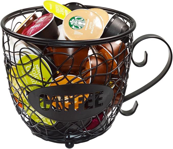 Coffee Pod Holder Large Capacity K Cup Holder, Multiuse Coffee Station Organizer, Espresso Capsule Storage, Wire Basket for food for Coffee Bar Counter, Black
