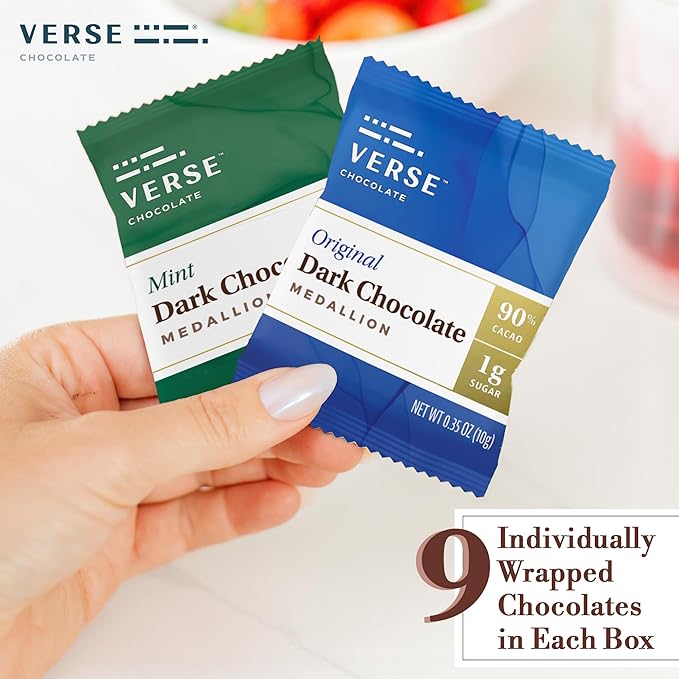 Verse Dark Chocolate Squares Variety Pack - Original and Mint w/ 1g Cane Sugar, High Cacao - Premium Dark Chocolates - Individually Wrapped Chocolate Squares (9 Count, 2 Pack)