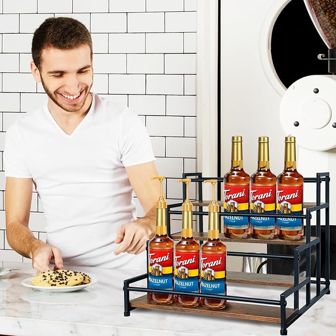 Klxuyuo 4-Tier Coffee Syrup Rack for 20 Bottles (750ml)–Sturdy Coffee Syrup Organizer Holder for Kitchen, Café, Office