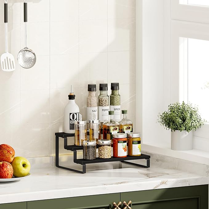 Giikin 3 Tier Spice Rack, Cabinet Organizer Shelf, Wooden Spice Rack for Countertop, Kitchen Counter Storage Shelves Cupcake Stand Holder Display Stand, Black