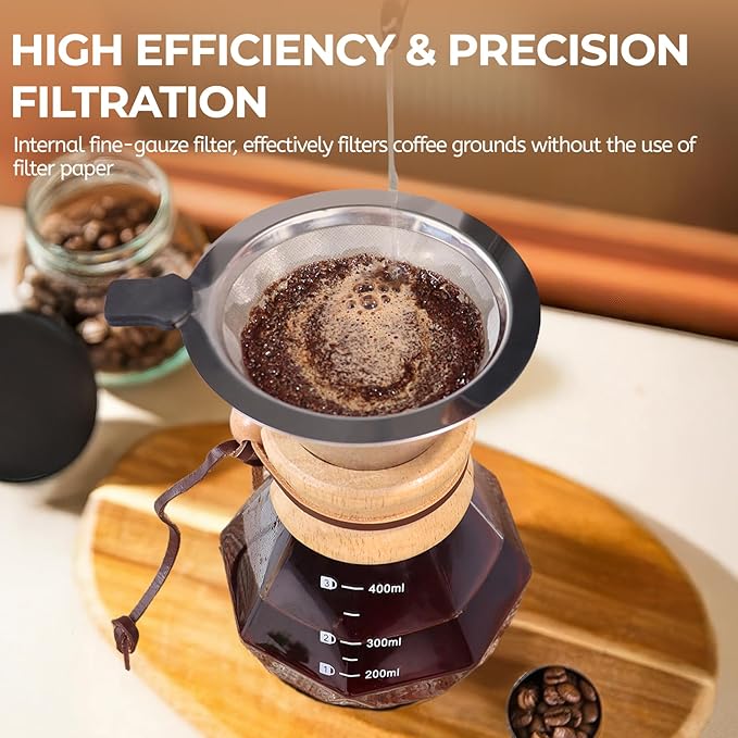 Pour Over Coffee Maker 400ml with 304 Stainless Steel Filter and Wooden Collar Holder Borosilicate Glass Drip Coffeemaker Server Set Clear Hand Brew Dripper Carafe for Home Camping Travel 13.5oz