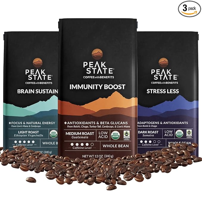 Peak State Coffee with Benefits, 3 Bag Variety Pack, Mushroom Coffee, Low Acid & Smooth, Immunity Boost, Brain Sustain & Stress Less, Organic Whole Bean Coffee, Gluten Free, 12 oz. Each