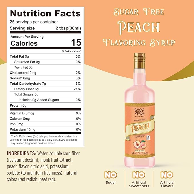 ChocZero Peach Syrup – Sugar Free Flavoring Syrup for Coffee, Tea & Cocktails – Keto Friendly, Low Carb, No Sugar Alcohols, Vegan & Gluten Free – 25.4 Fluid Ounces