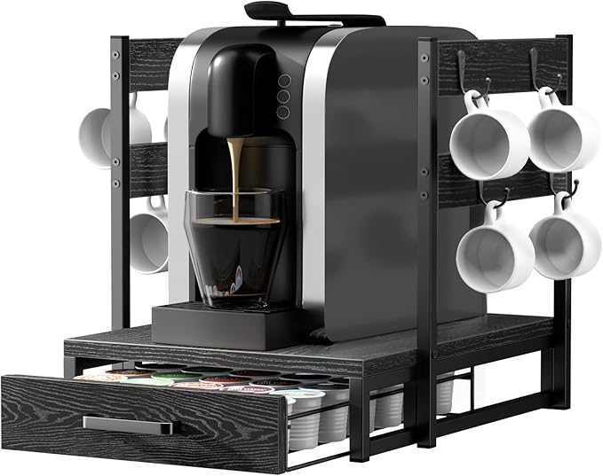 Evermagin Coffee Pod Drawer for K Cup, 35 Pods K-Cup Holder Organizer with Cup Holder, Durable Coffee Maker Stand with Storage Drawer, Black