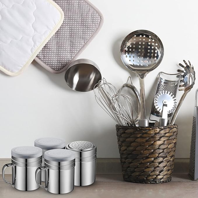 Lallisa 6 Pcs 10oz Stainless Steel Salt and Pepper Shakers with Lid and Handle Dredge Spice Seasoning Condiment Popcorn Salt Shaker Powder Sugar Flour for Cooking Kitchen Baking