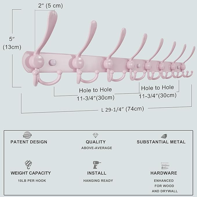 Dseap Coat Rack Wall Mount - 29.5” Long 8-Tri-Hooks Heavy Duty Coat Hanger Rail Wall Hooks for Hanging Coats Hats Clothing Clothes Purse Mudroom Entryway, Pink, Pack of 2