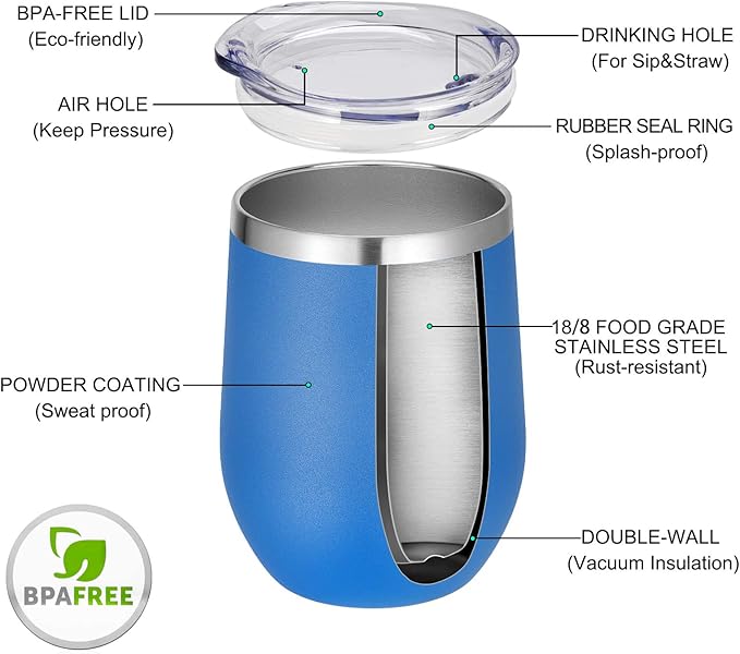 VEGOND Wine Tumblers Bulk 12 Pack, 12oz Stainless Steel Stemless Wine Glass with Lids and Straws, Double Wall Vacuum Insulated Tumbler Cup, Coffee Mug for Cold Hot Drinks