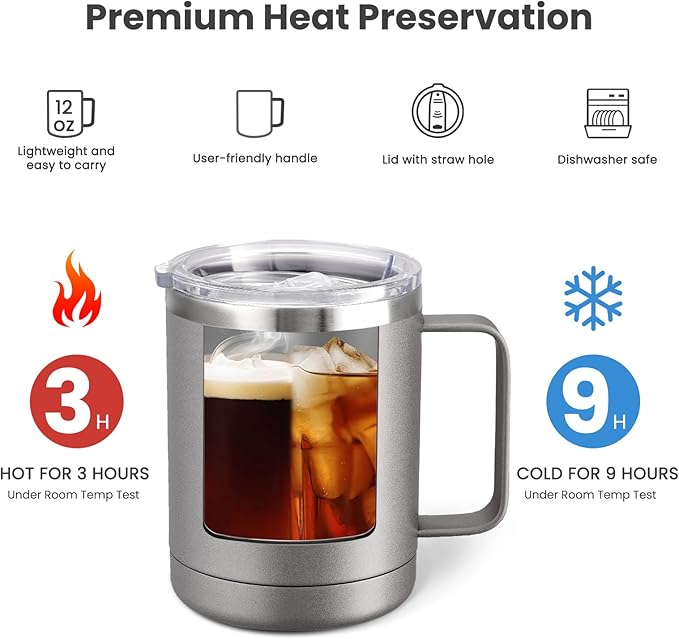 MEWAY 12oz Coffee Mug With Handle 4 Pack Bulk,Stainless Steel Insulated Travel Tumblers With Sliding Lid,Double Wall Vacuum Camping Cup for Hot & Cold Drinks Tea (Cold Grey,Set of 4)