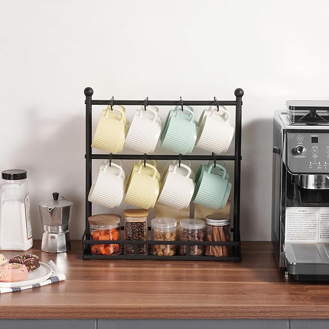 VEVOR Coffee Mug Holder for Countertop, 16 Hooks coffee mug holder stand, 2 Tier Mugs Tree Rack Carbon Steel Mug Display Stand, for Home Coffee Bar Storage and Display (Matte Black)