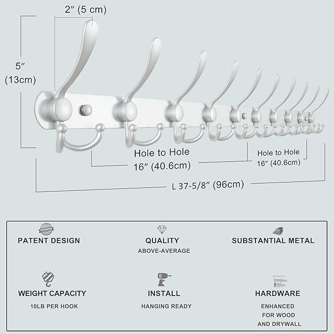 Dseap Coat Rack Wall Mount - 38” Long 10-Tri-Hooks Heavy Duty Coat Hanger Rail Wall Hooks for Hanging Coats Hats Clothing Clothes Purse Mudroom Entryway, Silver, Pack of 2