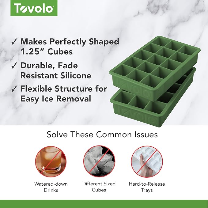 Tovolo Silicone Ice Cube Tray Pesto Green Pack of 2 BPA Free Ice Tray Mold for Coffee Drinks Cocktails, Dishwasher Safe Easy Release Perfect 1 Inch Cube Ice Tray for Whiskey Bourbon Spirits