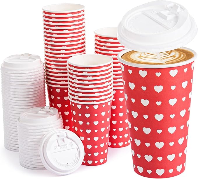 FOBSME 50 Pcs Valentine Disposable Coffee Cups With Lids 16oz Red White Love Heart Paper Cups Valentine Party Drinking Cups for Wedding Anniversary Party Supplies