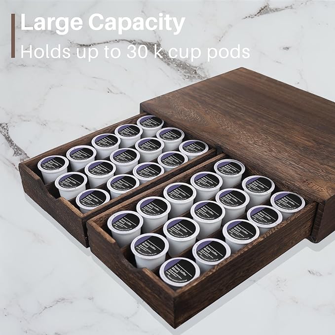 HTB K Cup Holder Compatible with K Cups,Coffee Pod Holder Holds Up 30 Cups,K Cup Organizer Storage Drawer (Wood-b)