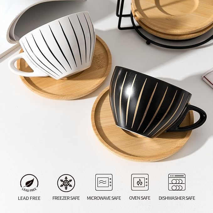 LUKA Ceramic Demitasse Espresso Cups Set with Saucers and Metal Stand, 8 oz Porcelain Cappuccino Cups Teacup For Tea, Espresso, Latte, Coffee, Cafe Mocha, Set of 4, Stripe White & Black