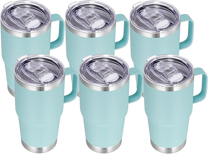 VEGOND 20 oz Tumbler Bulk with Handle Lid and Straw, Stainless Steel Insulated Travel Coffee Mug Set, Spill Proof Double Wall Metal Tumblers Cups, Mint Green 6 Pack