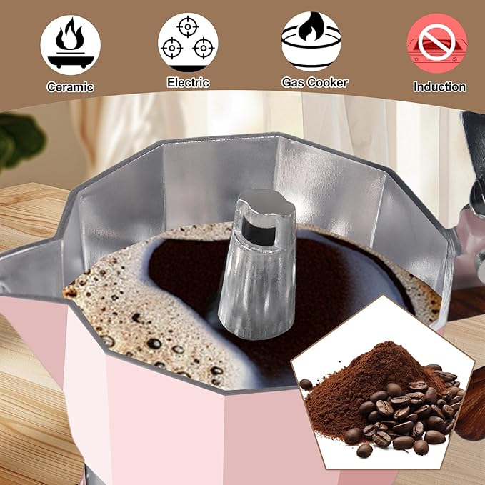 Aluminum 6 Cup 300ml Moka Pot Express Coffee Maker Stovetop Espresso Colorful Coffeemaker Italian Classic Style Brewing Greca Cafe Mocha Machine for Cafeteras Lover Camping Travel and Home Use 10oz