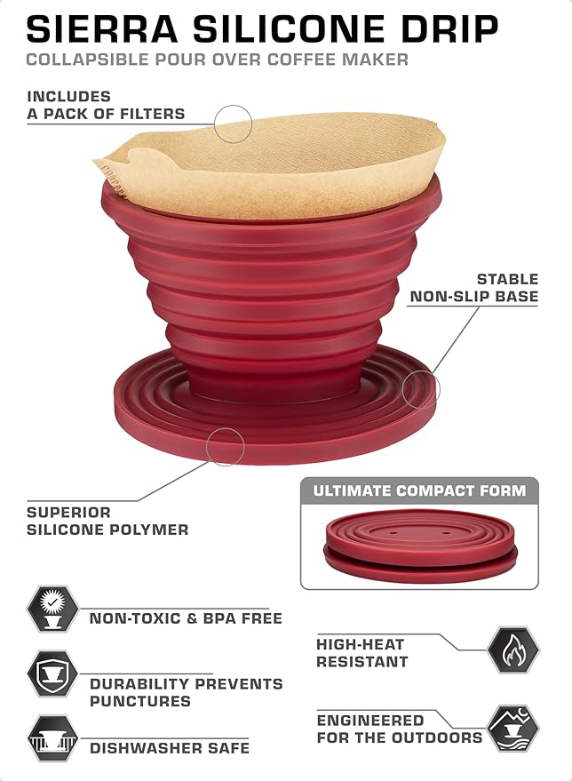 COLETTI Sierra Camping Pour Over Coffee Dripper — Collapsible Pour Over Coffee Dripper — Includes Pack of Paper Filters [Red, Pack of 1]