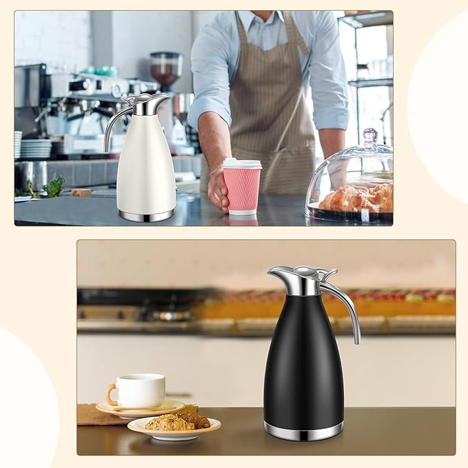 Uiifan 2 Pcs 68 oz Thermal Coffee Carafe Insulated Stainless Steel Coffee Carafe for Hot Liquids Vacuum Thermal Pot Creamer Dispenser with Brushes Keeping Hot Tea Milk Water(Black, White)