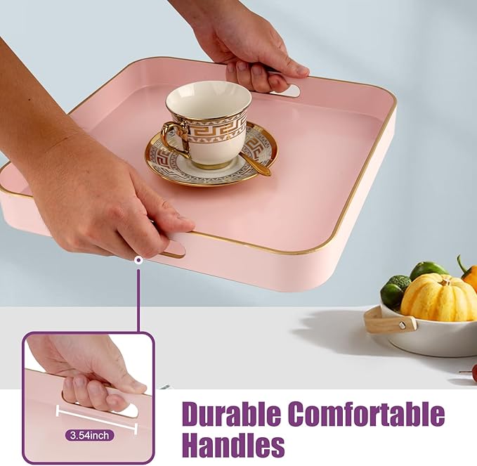 Gifturbo Pink Square Decorative Tray,Serving Tray with Handles with Gold Trimming Plastic Coffee Table Tray for Ottoman, Living Room, Home Decor,Bathroom with Gold Trimming, 13” x 13” x1.57”