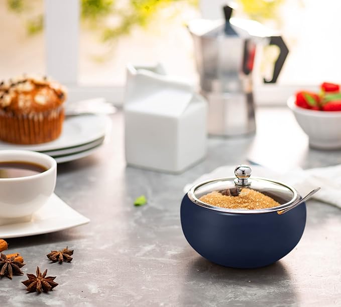 KooK Sugar Bowl, Sugar Bowl with Lid and Spoon, Sugar Container with Lid, for Salt, Coffee, Holds 2 Cups, Dishwasher Safe, Matte Navy, 16 Oz